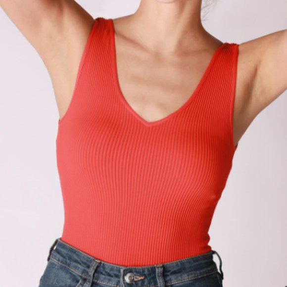 Red Ribbed Thong V Neck Bodysuit - Picture 1 of 3